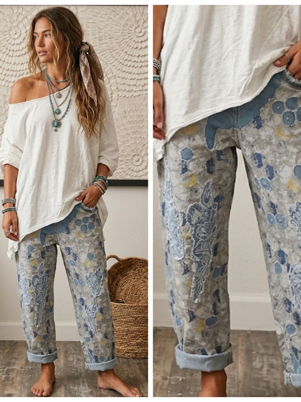 Relaxed Floral Embroidery Patchwork Denim Pants - Blue